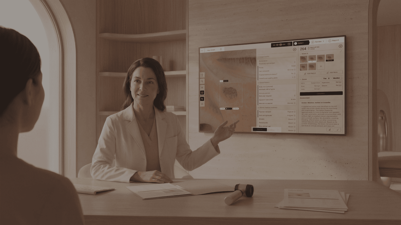 A dermatologist reviewing a SkinBit report with a member