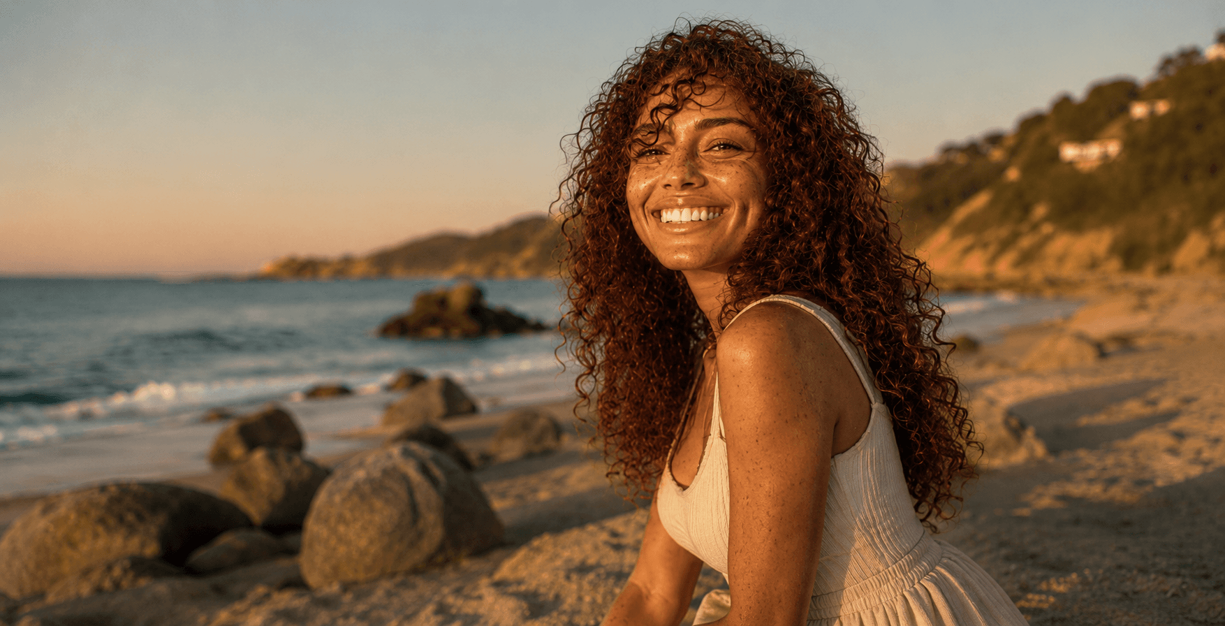 A smiling SkinBit member sitting on a rocky beach